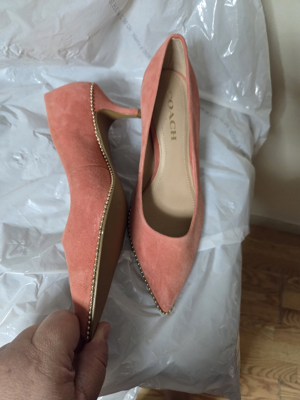 COACH Coral Pink Suede Pointed-Toe Platform Pumps with Gold Trim